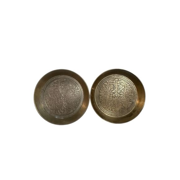 2 Vtg Indian Solid Brass Small Pin Dish Plate Ornate Floral Motif Higher Border - Picture 1 of 3